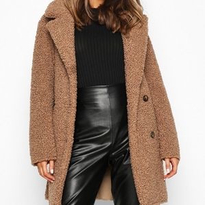 Boohoo Double Breasted Bonded Faux Fur Teddy Coat